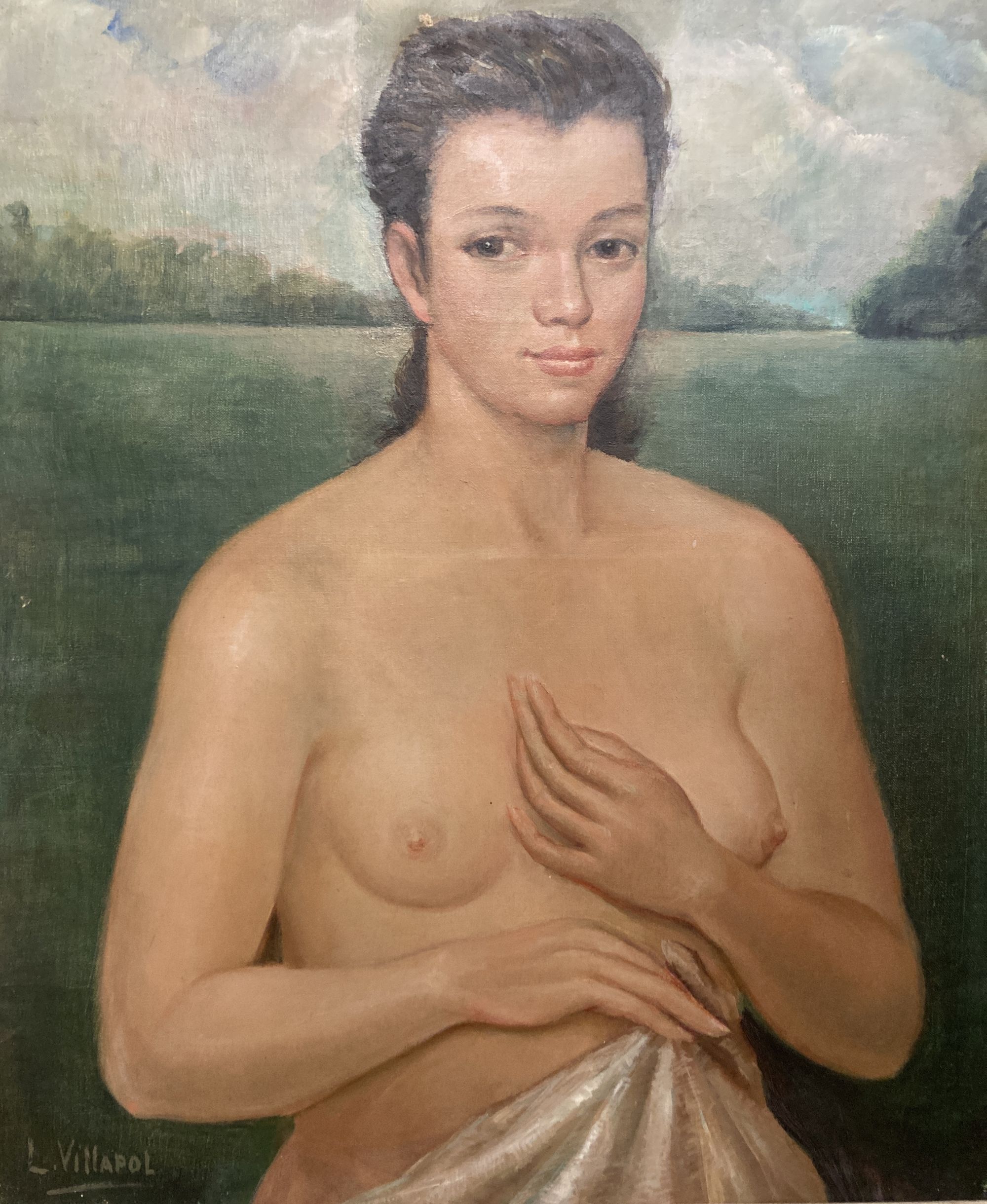 L. Villapol, oil on canvas, Topless woman in a landscape, signed, 59 x 49cm